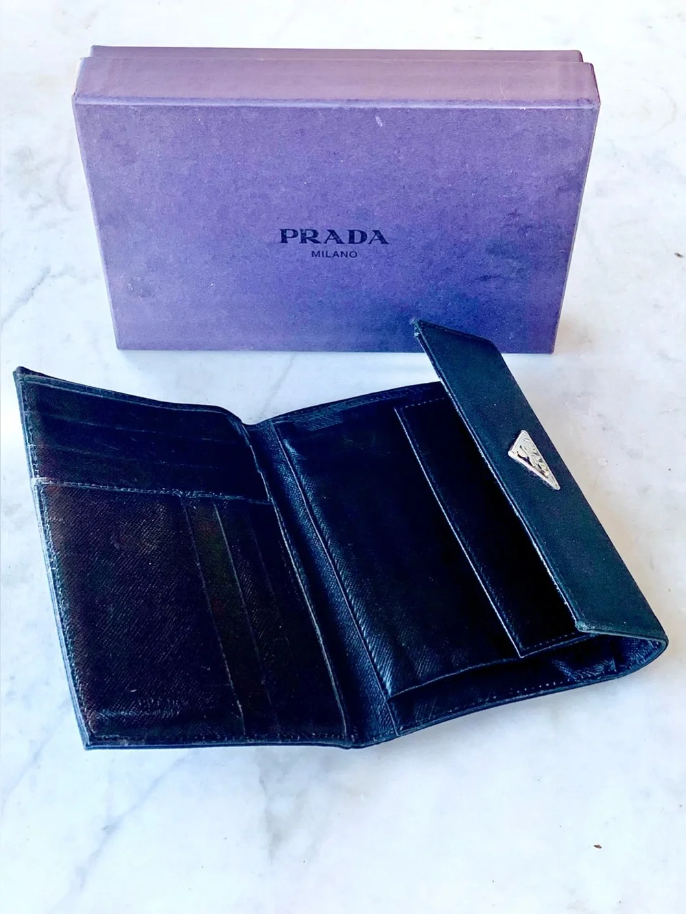 PRADA M150 Black TESSUTO Nylon Logo TRI-FOLD Wallet VINTAGE 90’s